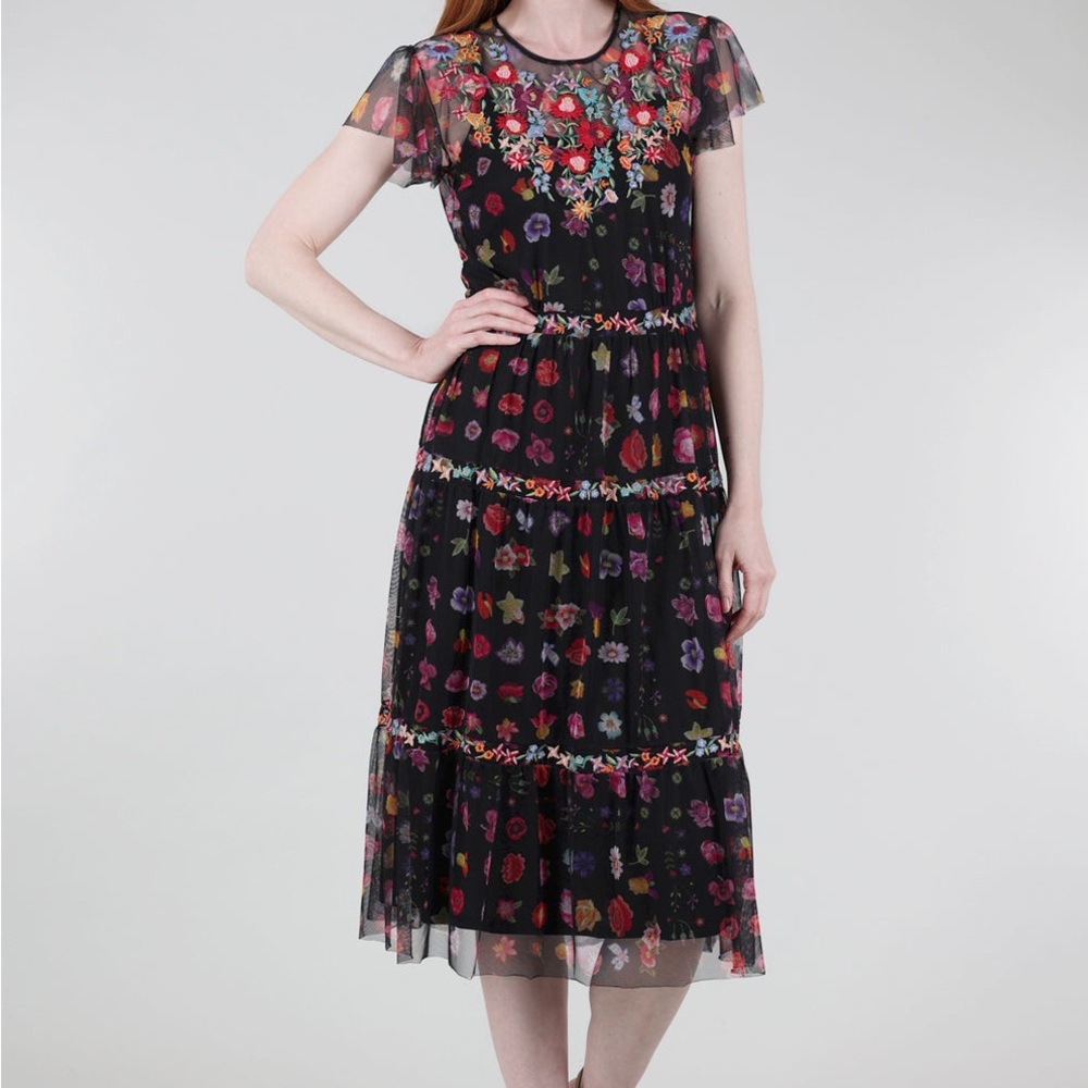 Johnny Was Black A-line Midi Dress with Flutter Sleeves - Picture 2 of 7